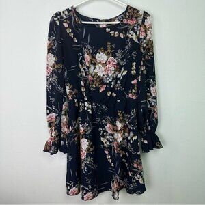 FLORAL Ruffle Sleeve Long Sleeve Mini Swing Dress M